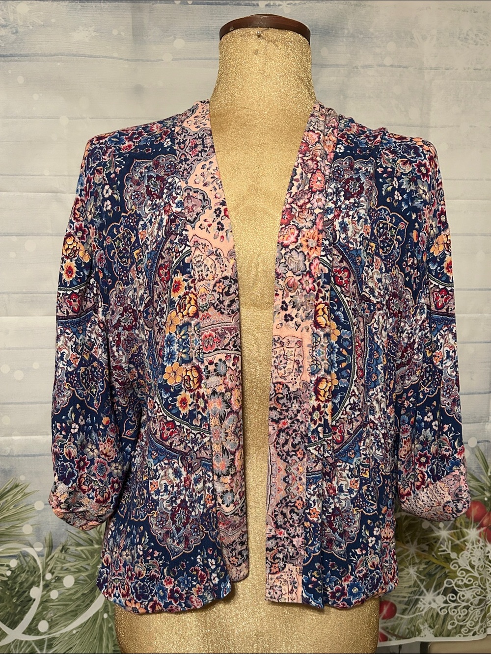 Rachel /Anthropologie Open-Front Paisley  Jacket - Navy & Pink